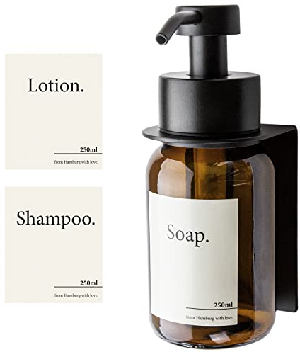 Designfabrik Hamburg | Glas Seifenspender mit Wandhalterung selbstklebend | Edelstahl-Pumpspender für Flüssigseife | Spülmittelspender ohne Bohren | mit Wandhalter | Schwarz/Braunglas