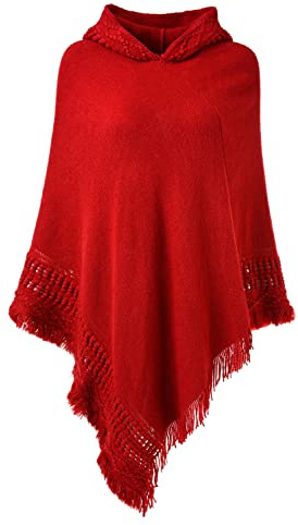Ferand Poncho con Capucha para Mujer Capa de Crochet con Dobladillo con Flecos para Otoño Invierno - Talla única - Rojo