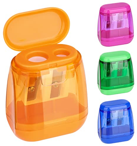 Catelves 4 Stück 4 Farben Anspitzer mit Behälter,Anspitzer Kinder,Bleistiftspitzer,Bunter Doppelloch-Bleistiftspitzer und Manueller Pencil Sharpener,Oval Spitzer für Schule Büro