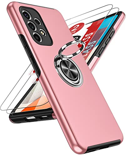 LeYi for Samsung Galaxy A53 5g Case and 2x Screen Protectors, Heavy Duty Protection Shockproof Cover with Built-in Ring Holder Lightweight Silicone Hybrid Phone Case for Galaxy A53 5g Pink