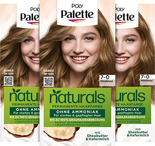Palette Naturals Permanente Haarfarbe 7–0 Mittelblond (3 x 115 ml), pflegende Haarfarbe ohne Ammoniak, Coloration für bis zu 100 % Grauabdeckung