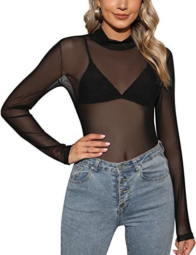 Tuopuda Dam T-shirt Transparent Skjorta Mesh Toppar Blusar Långärmad Mesh Toppar Tunika Blusar Elegant Avslappnad Tröja Sexiga Clubwear Casual, B, M