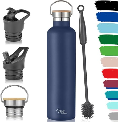 Milu Edelstahl Trinkflasche 350ml 500ml 750ml 1000ml (+3 Deckel) - Thermosflasche mit Strohhalm, Isolierte Wasserflasche, Auslaufsichere Isolierflasche doppelwandig (Navyblau, 1000ml)