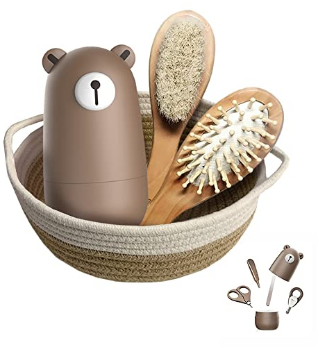Baby 7 in 1 Pflegeset, Nagelschere, Nagelfeile, Pinzette, Naturholz-Haarkamm, Aufbewahrungskorb，für Kinder und Neugeborene in einer schönen Geschenkbox.