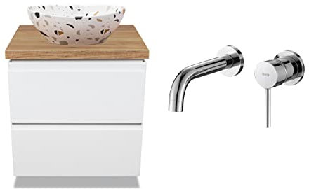 VBChome Badmöbel 50 cm Weiß Aufsatzwaschbecken Sofia Terazzo 41x35 cm Unterputzarmaturen Chrom Aufsatzwaschbecken mit Unterschrank 2 Schubladen