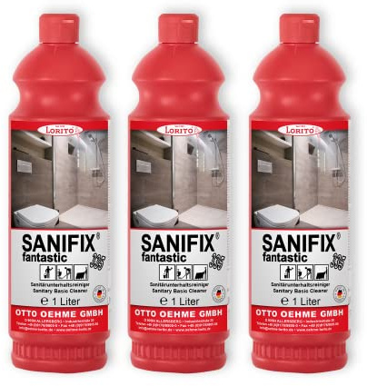 Lorito Sanifix Fantastic Sanitärreiniger, 3x 1L | Konzentrat, Kalkentferner für Dusche, Waschbecken, Badreiniger für Keramik, Glas und Kunststoff