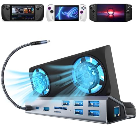 10-in-1 Docking Station for Steam Deck OLED & ROG Ally X & Legion Go & Switch 2, Dual Cooling Fan 5 USB Ports, 4K@60Hz HDMI 2.0, 100W Charging Port Support ROG Ally 30W Mode, Gigabit Ethernet, SD/TF