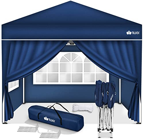 tillvex Gazebo 3x3m impermeabile | Gazebo pieghevole pop-up regolabile in altezza | Tenda da giardino protezione UV 50+ | Tenda Padiglione con borsa (Blu - con 4 Laterali)