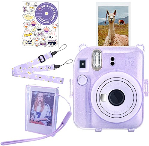 HIYQIN Housse à Paillettes pour Fujifilm/Polaroid Instax Mini 12 – Étui de Protection Transparent Amélioré avec Bandoulière, Boîte Photo et Autocollant DIY - Paillettes Violet