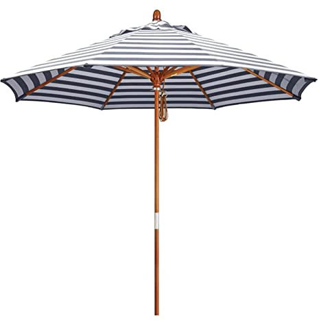 Sonnenschirm 270 cm, Blau-weiß Streifen Gartenschirm Holz, Sonnenschirm Balkon, Marktschirm Terrassenschirm mit 8 Rippen für Garten, Terrasse