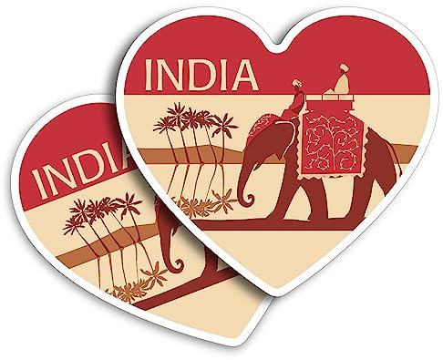 2 pegatinas de vinilo de 10 cm con forma de corazón, elefante, indios, palma, retro, arte, impresión, portátil, tableta, equipaje, coche, pared, nevera, puerta, pegatina #59801