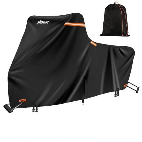Motorcycle Cover Waterproof Outdoor,420D Motorcycle Cover Heavy Duty,Silver Nano Coating,5 Reflective Strips,2 Air Vents,3 Windproof Buckles,Lock Holes,Antenna Zipper 2XL(Black 96x43.3x55)