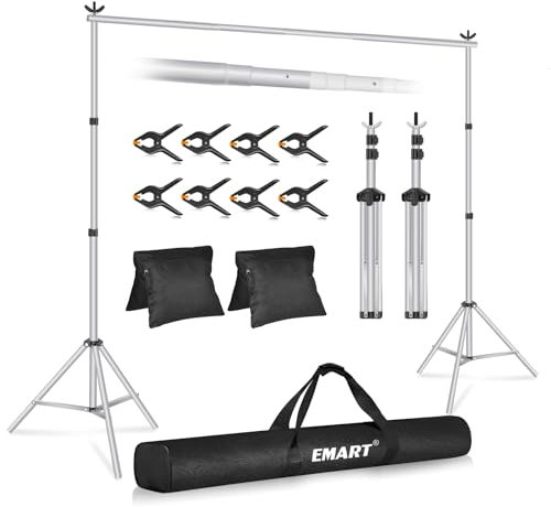 EMART Support Fond Photo Argenté, 2x3m de Support Toile de Fond Réglable avec 8 Pinces, 2 Sacs de Sable et Sac de Transport pour Studio Photo, Vidéo, Fête, Mariage-Argenté