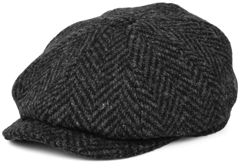 Jaxon & James Glencoagh Heavyweight Donegal Tweed Ballonmütze mit Fischgrätmuster - Schwarz-Anthrazit - M