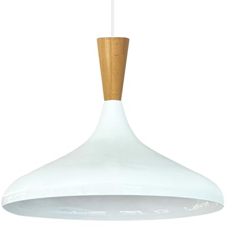 bamyum Champion Pendelleuchte aus Holz, 35 cm Hängelampe Metall E27 Moderne Esstisch Lampe, Skandinavisch Pendellampe für Schlafzimmer Wohnzimmer Küche Esstisch, Küchenlampe Hängend Weiß