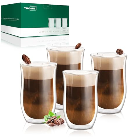twoant Set di 4 Bicchieri Cappuccino Doppia Parete, Tazze di Vetro per Latte Macchiato, Vetro Borosilicato Ritenzione del Calore, Capacità 350ml, Trasparente per Caffè, Tè, Succo, Gelato