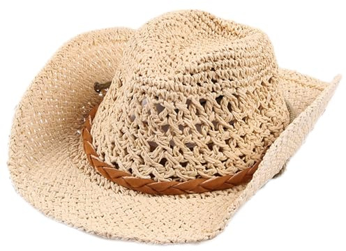 Generisch Cowboyhut für Kind Erwachsener Western Stroh Cowboy Hut Cowgirl Hüte Panamahut Westernhut Luftiger Sommerhut Sonnenhut Strandhut für Kinder Damen Herren