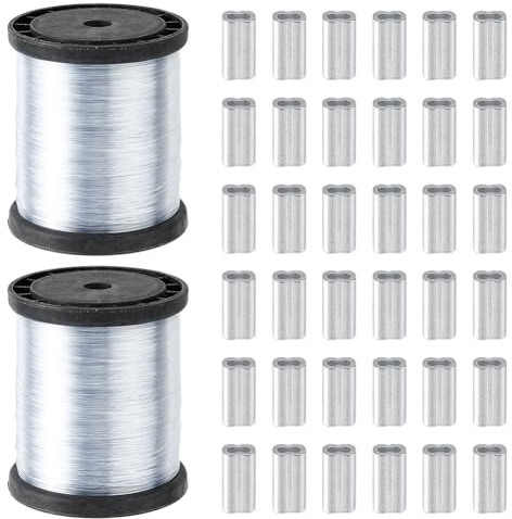 SUPERFINDINGS 2 Rollen Starker Aufhängedraht 0.8mm Transparent Unsichtbarer Aufhängedraht Angeldraht Mit 200 Aluminium Crimphülsen Bilderrahmendraht Transparente Angelschnur