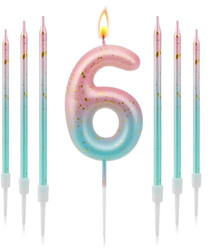 TAIXING Geburtstagskerzen Zahlen 6, 3D Farbverlaufs Kerzen Geburtstag, Geburtstagskerzen Kinder Rosa Blauer Farbverlauf, Zahlenkerze für Kinder Jungen Mädchen Geburtstags Jubiläum, Kerze 6