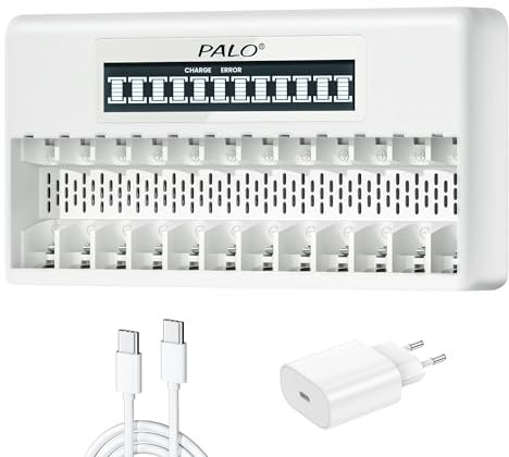 12 Slot Caricabatterie per Pile Ricaricabili AA e AAA - Intelligente Caricabatterie Ricarica Rapida con LCD per Batterie Ricaricabili al Litio AA/AAA da 1,5V Con Cavo di Ricarica Rapida USB Type-C