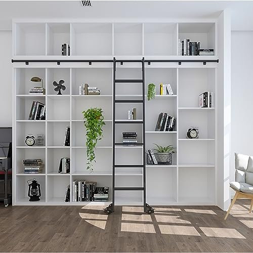Schiebetür-Set für Scheunentore, 10–8 m, Schiebeleiter, Bibliothekshardware, Rollschiene, Schwarze runde Rohre, mobile Leiterschiene/-schiene (ohne Leiter) für Zuhause/drinnen/auf dem Dachbo