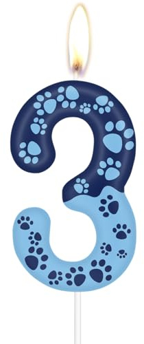 mciskin Kerze zum 3. Geburtstag, Motiv: blaue Hundepfote, Kuchendekoration, blaue Zahl 3 Kerze für Kuchen, Kerzen, Cupcake-Topper für Jungen und Mädchen, Dekoration für 3. Geburtstag