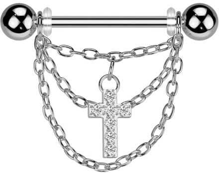 beyoutifulthings Brustwarzen-piercing Gold Silber Dreier-Kette Pavé Kreuz Brust-piercing Intim-Piercing Nippel-piercing Chirurgenstahl Stab 16-mm