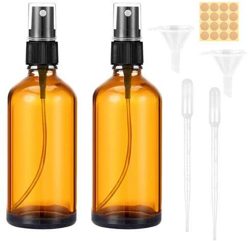 Maxmoc 100ml Braunglas Sprühflasche, 2 Stück Klein Glas, Nachfüllbar Zerstäuber Mit Trichter, Tropfer Und Etiketten für Wasser, Alkohol, Kosmetik, Parfüm, Aromatherapie