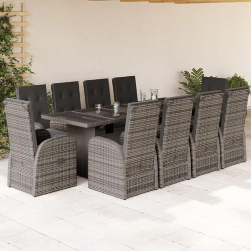Gecheer 11-TLG. Garten Essgruppe 10 Personen, Polyrattan Sitzgruppe, Rattan Gartenmöbel Set, Balkon Möbel, Rattan Lounge Möbel Outdoor, Terrassenmöbel Set, Sitzgarnitur Gartengarnitur, Kissen, Grau