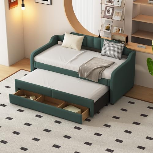 Tagesbett Schlafsofa 90x200 cm, Polsterbett Einzelbett Multifunktionsbett mit Ausziehbarem Rollbett&Schublade, Sofabett Gästebett Jugendbett mit Lattenrost&Rückenlehne&Armlehnen, Ohne Matratze, Grün