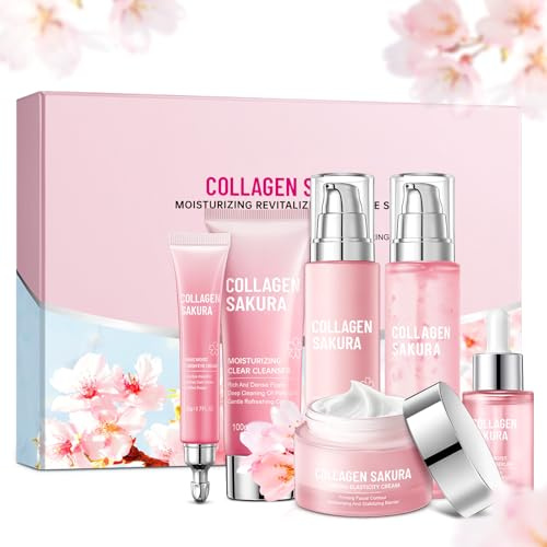Sakura Skin Care Set for Teen Girls, Cherry Blossom Skincare Gift Set for Teens & Women, Moisturize & Repair Skin, 6 Pcs Collagen Skin Care Kits with Cleanser, Toner, Lotion, Serum, Cream & Eye Cream