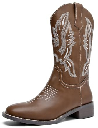 PPXID Cowboy Western Bottes pour Femme Bottes mi-Mollet a Enfiler Mode Confort Bout Rond Brodé Classique -Brun 35