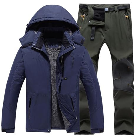 Giacca da trekking da uomo, impermeabile, set da 2 pezzi, tuta da sci, impermeabile, giacca da sci, giacca da lavoro e pantaloni esterni, impermeabile, antivento, giacca termica, Blu scuro, 6XL