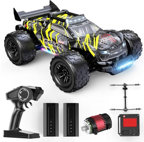 DEERC 1:14 borstlös RC-bil för vuxna, 43 MPH 4WD off-road RC lastbil med LED-lampor i 7 färger, metalloljechockar, 2 × 7,4 V batterier med hög kapacitet, helmetall driftregn, 3 ljuslägen, 3S LiPo