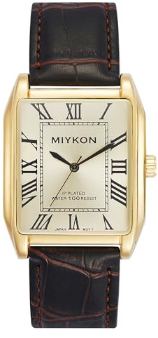 Miykon Vintage Watches for Men - Tank Square Gold Analog Watch with Brown Genuine Leather Wrist Strap for Classic Dress - Japanese Quartz, Waterproof to 100ft