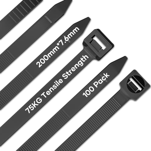 NEEKFOX Bridas Negras 200mm x 7.6mm, 100 Piezas, Resistentes a los Rayos UV, 75 kg de Resistencia a la Tracción, Autoblocantes para Cables, Jardinería, Talleres
