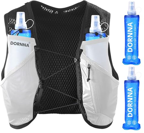DORNNA Light Edition V1 - Laufweste Damen und Herren mit 2 Trinkflasche 500 ml, Running Vest, Laufrucksack, Trinkrucksack Laufen. (Weiß, M-L)
