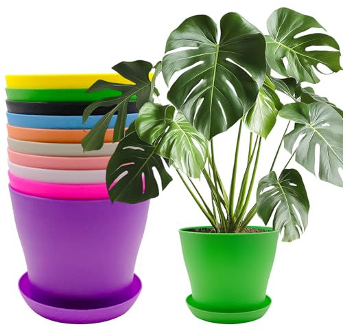 10 Stück Blumentopf mit Untersetzer, 14cm Pflanztopf Plastik Dekorative Pflanztöpfe Bunte, übertopf Kunststoff mit Mehrere Ablauflöchern, Blumentöpfe Set für Innen und Gartenpflanzen (10 Farbig)
