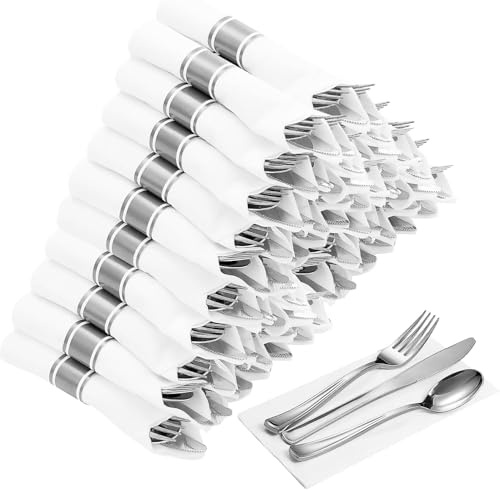 50 Pack Pre Rolled Silver Plastic Cutlery, Reusable Plastic Utensils, Pre-Wrapped Silverware Set with 50 Forks, 50 Knives, 50 Spoons and 50 Napkins for Parties, Dinners, Weddings