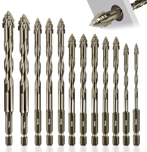 12 Piezas Brocas Porcelanico, Broca Ceramica 3/4/5/5/6/6/6/8/8/8/10/12mm, Juego Hexagonal Brocas para Azulejos, Pared, Ladrillo, Vidrio, Plástico, Madera, Metal (Dorado)