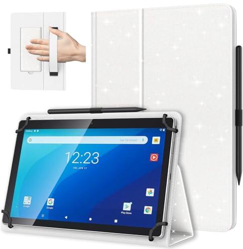 TiMOVO Custodia Universale per Tablet Android 10,1 Pollici con Anello per Penna, Cover Leggera e Pieghevole in Piedi con Cinghia a Mano per Tutti i Tablet Touchscreen da 9,6-11 Pollici, Glitter Bianco