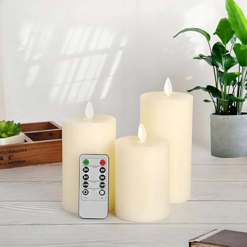 AXVRAV 3er Set Flammenlose LED-Kerzen mit Fernbedienung & Timerfunktion, Flackerndes Licht, Beweglicher Docht, Elfenbeinfarben, Echtwachs Kerzen Batteriebetrieben für Wohnzimmer Schlafzimmer Deko