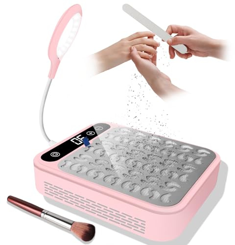 Aedcbaide Nail Dust Collector Nail Salon, Adjustable Suction Power Dust Extractor Nails with LED Light for Acrylic Nail Removal, 1 Reusable Filter & 1 Brush & 2 Nail Files (Pink)