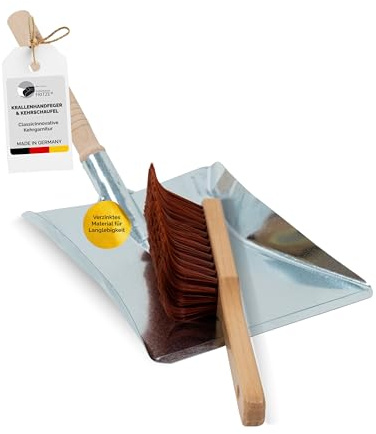 Fritze® Krallenhandfeger Rechtshänder mit Kehrschaufel Classic (42x23 cm, Silber) – Abgewinkelte Borsten für gründliche Reinigung – Innen & Außen – Handfeger Set – Made in Germany