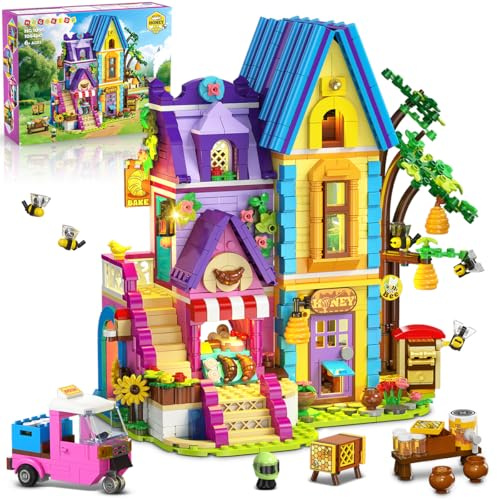 HOGOKIDS Girls Friends Baking House Building Toy with LED Light for Kids | 1084 PCS Beekeeping & Bakery Building Set with Honey Workshop, Pretend Play Christmas Birthday Gift for Girls Boys Ages 8-12+