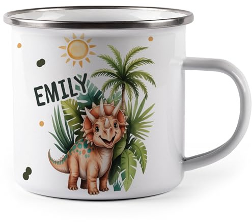 miKalino Emaille Tasse Dino fröhlicher Triceratops personalisiert mit Namen Kinder Becher mit Motiv – Emaille Becher für Jungen & Mädchen – Camping Tasse leicht & robust Geschenkidee Kindertasse