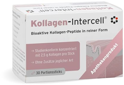 Kollagen Intercell - Collagen pulver mit 2,5g reine Peptide pro Stick (30 Sticks) - Typ 1 & 3 - Praktisch für unterwegs - Hervorragende Löslichkeit - Made in Germany - laktosefrei und zuckerfrei