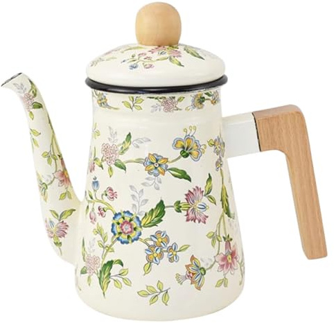 VALICLUD Enamel Teapot with Wooden Handle 1.2l Portable Tea Pot Withstand High Temperatures Practical for Brewing Tea and Hand Brewing Coffee Stylish and Elegant