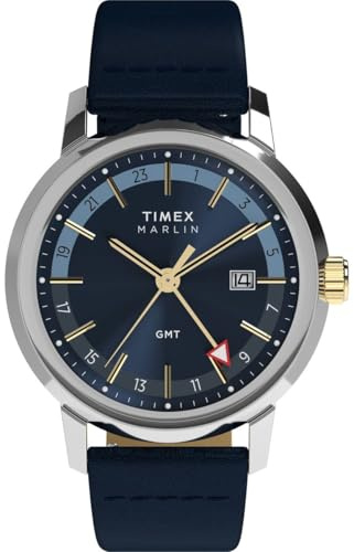 Timex Marlin TW2Y47900 - Orologio GMT al quarzo da Uomo, 40 mm, cinturino in Pelle blu Con quadrante blu e cassa in Acciaio INOX