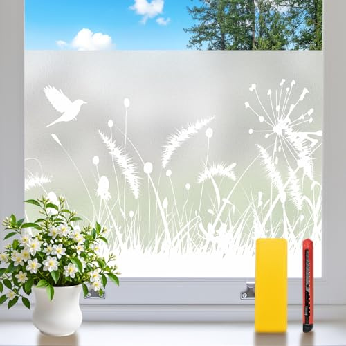 Niviy Fensterfolie Blickdicht Milchglasfolie 75x120cm | Sichtschutzfolie Fenster Statische Haftung, Anti-UV Wiederverwendbar, Botanisches Muster für Badezimmer Büro